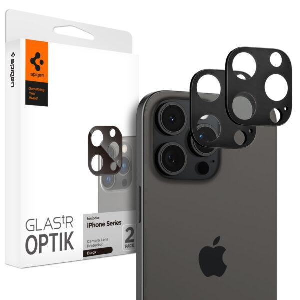 Lot de 2 protections d'objectif Spigen Optik.tR Camera Glass pour iPhone 14 Pro / 14 Pro Max / 15 Pro / 15 Pro Max / 16 Pro / 16 Pro Max - Black