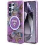 Coque Guess IML Metal Glitter Flowers Triangle MagSafe pour Samsung Galaxy S25 Ultra - Purple