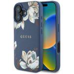 Coque Guess Grained Flowers MagSafe pour iPhone 16 - Blue
