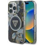 Coque Guess IML Metal Glitter Flowers Triangle MagSafe pour iPhone 16 Pro - Black