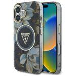 Coque Guess IML Metal Glitter Flowers Triangle MagSafe pour iPhone 16 - Black