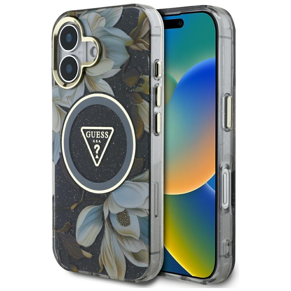 2047357 Coque Guess IML Metal Glitter Flowers Triangle MagSafe pour iPhone 16 - Black – Image 1