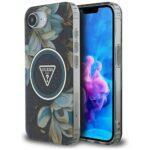 Coque Guess IML Metal Glitter Flowers Triangle MagSafe pour iPhone 16e - Black