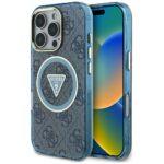 Coque Guess IML Metal Glitter 4G Circle Triangle MagSafe pour iPhone 16 Pro - Blue