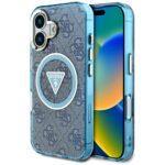 Coque Guess IML Metal Glitter 4G Circle Triangle MagSafe pour iPhone 16 - Blue