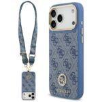 Coque Guess 4G Strass Logo MagSafe avec lanière pour iPhone 17 Pro Max - Blue