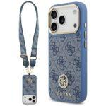 Coque Guess 4G Strass Logo MagSafe avec lanière pour iPhone 17 Pro - Blue