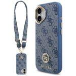 Coque Guess 4G Strass Logo MagSafe avec lanière pour iPhone 17 - Blue