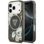 Coque Guess IML Metal Glitter Flowers Triangle MagSafe pour iPhone 17 Pro Max - Black