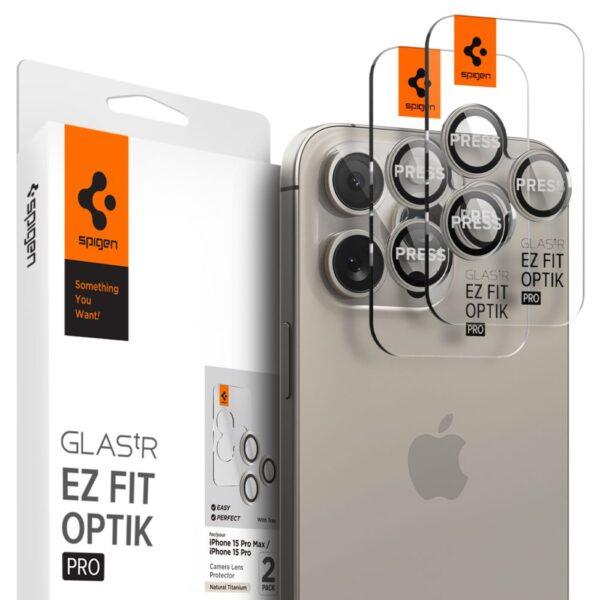 Lot de 2 protections d'objectif Spigen Optik.tR EZ Fit Pro Camera Glass pour iPhone 14 Pro / 14 Pro Max / 15 Pro / 15 Pro Max / 16 Pro / 16 Pro Max - Natural