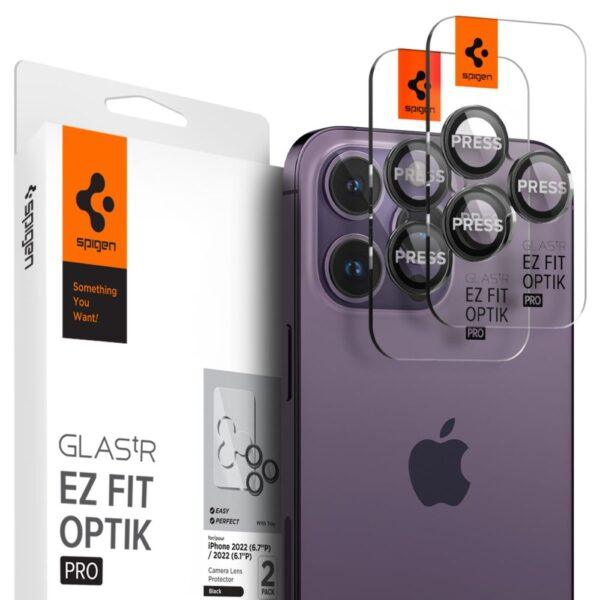 Lot de 2 protections d'objectif Spigen Optik.tR EZ Fit Pro Camera Glass pour iPhone 14 Pro / 14 Pro Max / 15 Pro / 15 Pro Max / 16 Pro / 16 Pro Max / 17 Pro / 17 Pro Max - Black