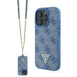 Coque Guess Leather Metal Logo Strass Crossbody avec cordon pour iPhone 16 - Blue