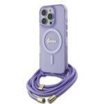 Coque Guess IML Crossbody Cord Script MagSafe avec cordon pour iPhone 16 Pro - Purple