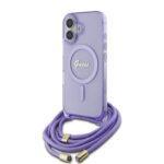 Coque Guess IML Crossbody Cord Script MagSafe avec cordon pour iPhone 16 - Purple