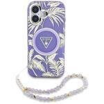 Coque Guess IML Palm Trees Triangle MagSafe avec dragonne de perles pour iPhone 16 - Purple