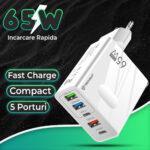 Chargeur secteur + câble Techsuit PentaXPower (CHC1) 3x USB, 2x Type-C PD 25W, 65W, GaN, Charge rapide, Câble Type-C inclus 1m   - White – Image 5