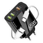 Chargeur secteur + câble Techsuit PentaXPower (CHC2) 3x USB QC 3.0, 2x Type-C PD 20W, 65W, GaN, Charge rapide, Câble Type-C inclus 1m   - Black – Image 2