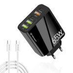 Chargeur secteur + câble Techsuit PentaXPower (CHC2) 3x USB QC 3.0, 2x Type-C PD 20W, 65W, GaN, Charge rapide, Câble Type-C inclus 1m   - Black