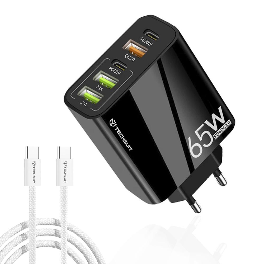 2193313 Chargeur secteur + câble Techsuit PentaXPower (CHC2) 3x USB QC 3.0, 2x Type-C PD 20W, 65W, GaN, Charge rapide, Câble Type-C inclus 1m - Black – Image 1