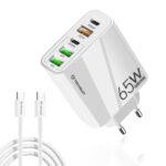 Chargeur secteur + câble Techsuit PentaXPower (CHC2) 3x USB QC 3.0, 2x Type-C PD 20W, 65W, GaN, Charge rapide, Câble Type-C inclus 1m   - White