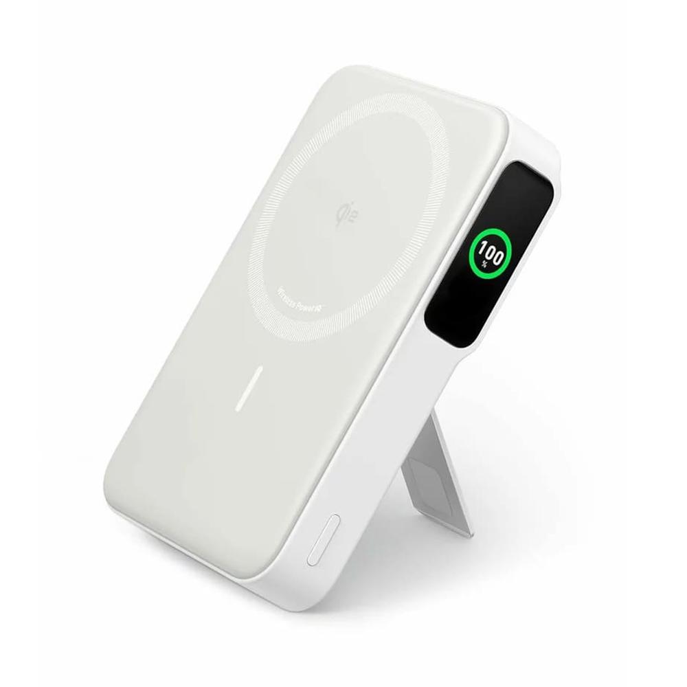 1039255 Batterie externe Anker MagGo (A1654G21) pour iPhone, affichage numérique, charge sans fil, support intégré, 10 000 mAh, 15 W - Blanc – Image 1