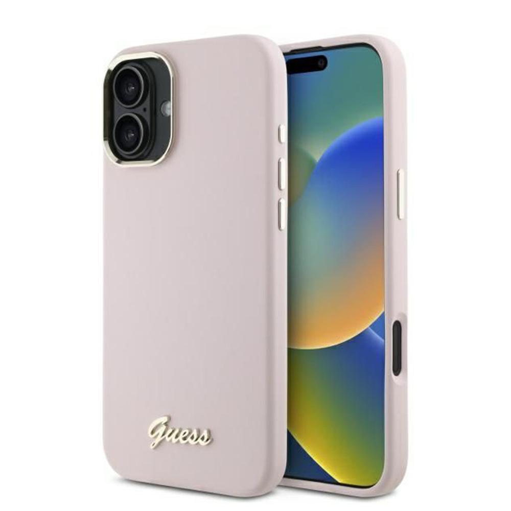 1708855 Coque Guess Silicone Script Metal Logo & Frame pour iPhone 16 - Pink – Image 1