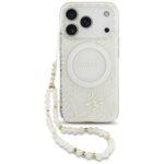 Coque Guess IML Flowers Allover Electroplated MagSafe avec dragonne de perles pour iPhone 17 Pro - White