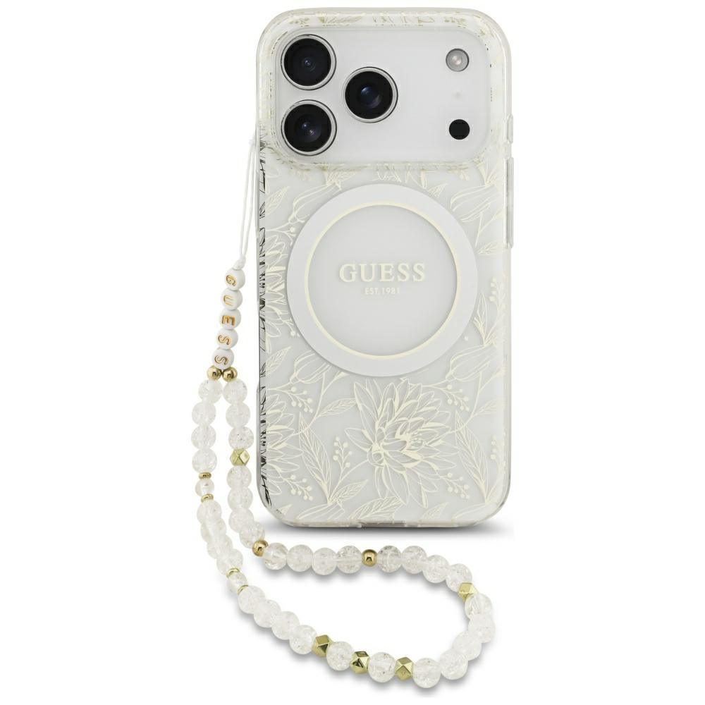 2580769 Coque Guess IML Flowers Allover Electroplated MagSafe avec dragonne de perles pour iPhone 17 Pro - White – Image 1