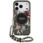 Coque Guess IML Flowers MagSafe avec dragonne de perles pour iPhone 17 Pro - Black