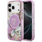 Coque Guess IML Glitter Flowers Triangle MagSafe pour iPhone 17 Pro Max - Purple