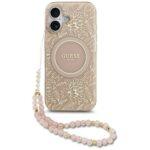 Coque Guess IML Flowers Allover Electroplated MagSafe avec dragonne de perles pour iPhone 17 - Black