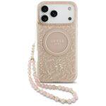 Coque Guess IML Flowers Allover Electroplated avec dragonne de perles pour iPhone 17 Pro Max - Pink